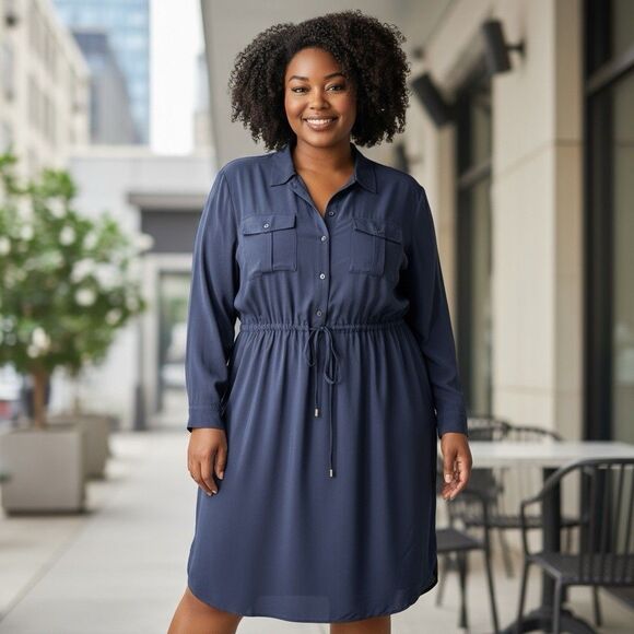 Lauren Ralph Lauren Womens 20W Button Up Shirt Dress Woven Drawstring Long Sleev - Picture 1 of 13